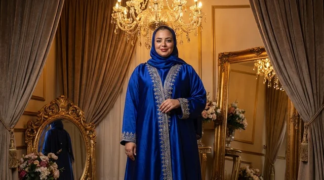 امرأة إماراتية بعباءة زرقاء وديكور داخلي فاخر