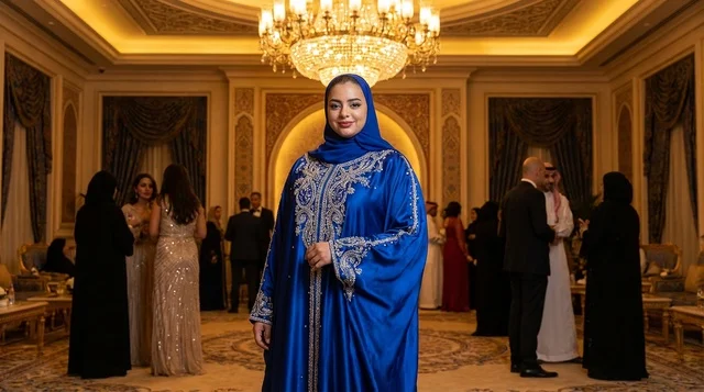 امرأة سعودية بجلابية زرقاء في قاعة احتفالات