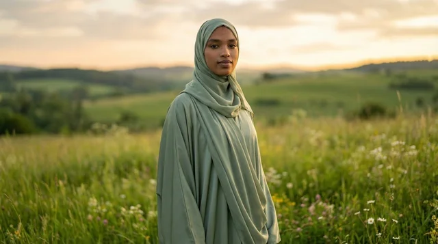 Muslim Woman in Green Hijab at Sunset Field