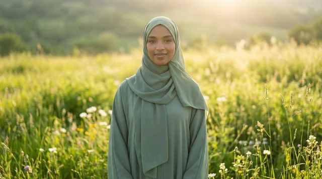 Arab Woman wearing Green Hijab in Meadow at Sunset