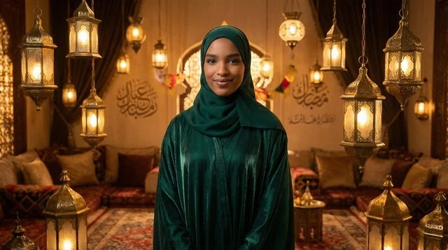 امرأة سعودية بعباءة خضراء مع فوانيس رمضان في مجلس