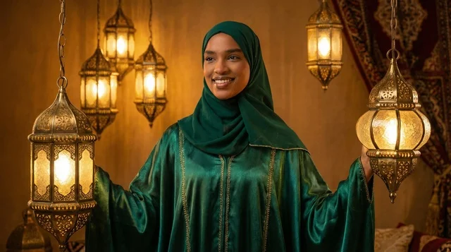Arab Woman in Green Abaya with Ramadan Lanterns