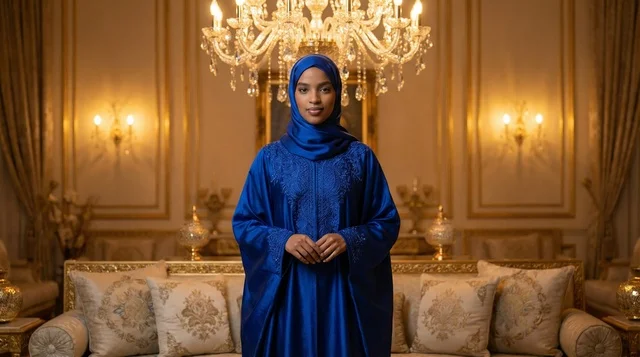 Emirati Woman in Blue Jalabiya in Luxury Majlis