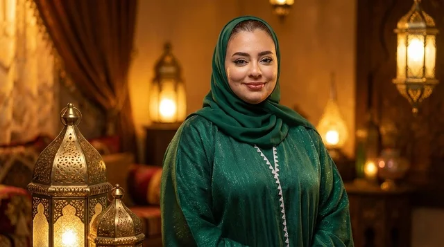 امرأة سعودية بعباءة خضراء مع فوانيس تراثية