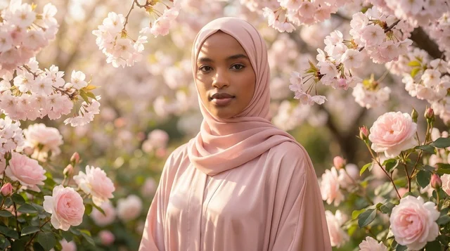 Black Muslim Woman in Pink Hijab with Flowers