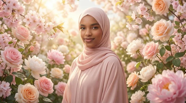 Black Muslim Woman in Pink Hijab with Spring Flowers