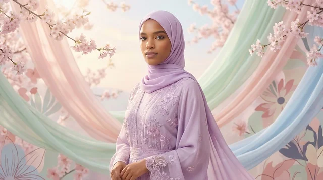African Woman in Lavender Hijab and Abaya