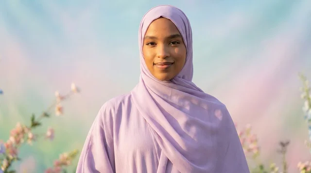 Young Black Woman in Purple Hijab and Abaya Portrait