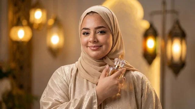 امرأة عربية بالحجاب مع عطر وفوانيس تقليدية