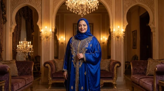 Woman in Blue Moroccan Kaftan in Luxury Hall