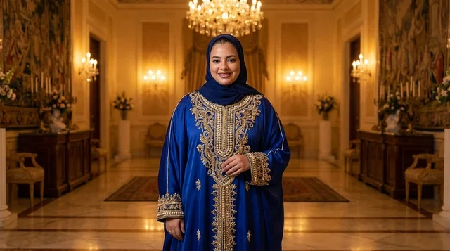 امرأة إماراتية بالقفطان الأزرق في قاعة قصر فاخرة