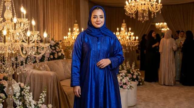 امرأة إماراتية بالجلابية الزرقاء في قاعة مناسبات فاخرة