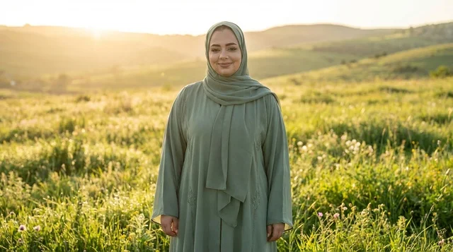 امرأة عربية بالعباءة الخضراء في المرج وقت الغروب