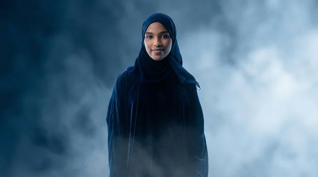 Saudi Woman in Traditional Abaya with Smoke Background