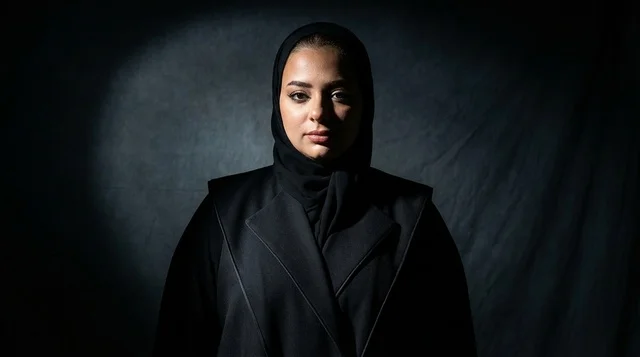 Saudi Woman in Black Abaya Portrait Studio Lighting