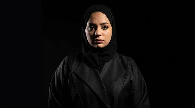 بورتريه امرأة سعودية بالعباءة السوداء على خلفية سوداء