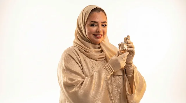 امرأة إماراتية بالعباءة تحمل زجاجة عطر فاخرة