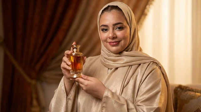 امرأة إماراتية بزي تقليدي تحمل زجاجة عطر