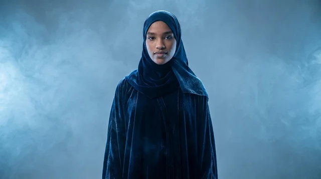 Young African Woman in Blue Hijab with Smoke