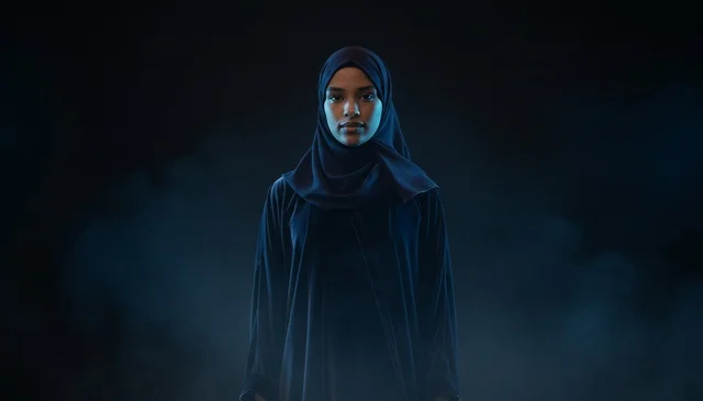 امرأة عربية بالحجاب والعباية بإضاءة سينمائية امرأة عربية بالحجاب والعباية بإضاءة سينمائية