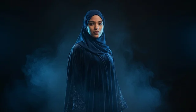 Emirati Woman in Navy Blue Abaya with Cinematic Smoke