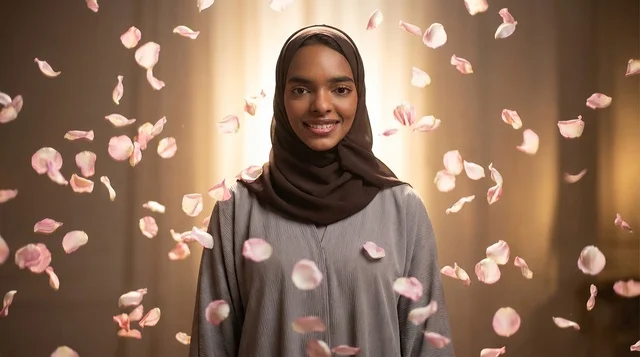 Sudanese Woman in Hijab with Falling Rose Petals