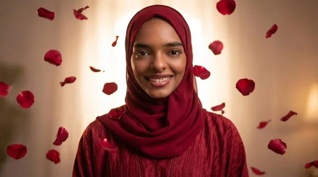 Smiling Sudanese Woman in Red Hijab with Rose Petals