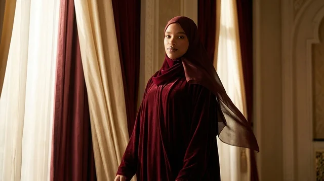 Woman in Burgundy Velvet Abaya and Hijab Indoors