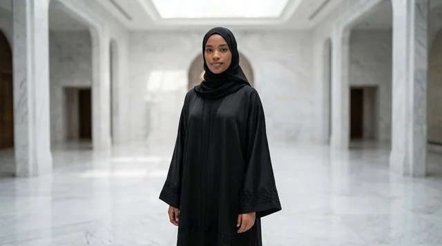 Somali Woman in Black Abaya in White Marble Hall