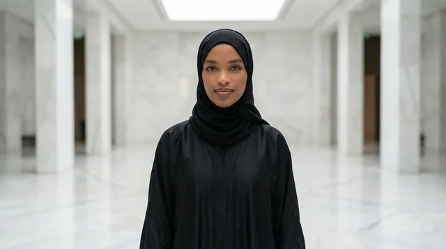 Young African Woman in Black Abaya in White Marble Hall