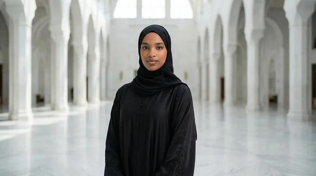 Somali Woman in Black Abaya at White Marble Mosque