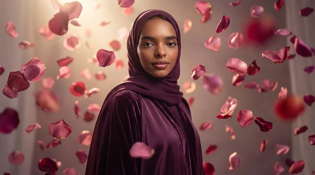 Sudanese Woman in Velvet Abaya with Falling Rose Petals