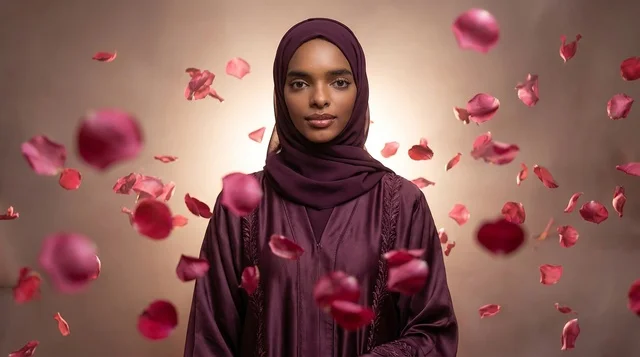 African Arab Woman in Maroon Abaya with Falling Petals