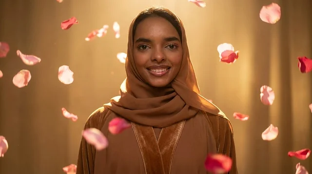 امرأة سودانية بالحجاب مع بتلات ورد متساقطة