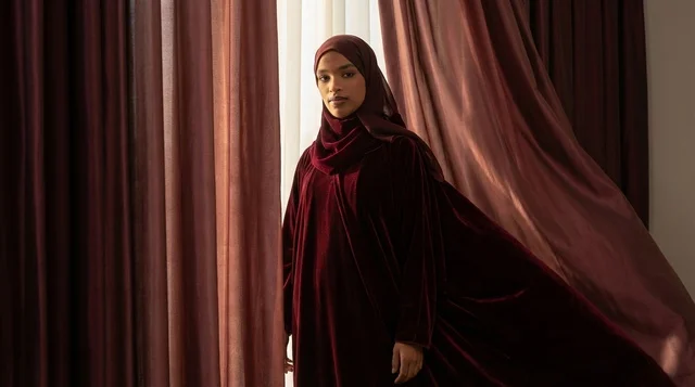 Somali Woman in Maroon Velvet Abaya and Hijab