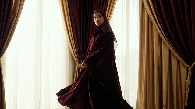 Saudi Woman in Traditional Maroon Velvet Abaya