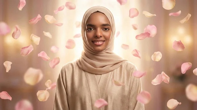 African Woman in Beige Hijab with Falling Rose Petals