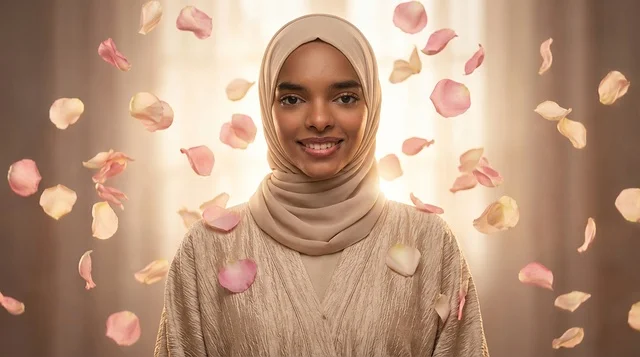 African Woman in Hijab with Falling Rose Petals