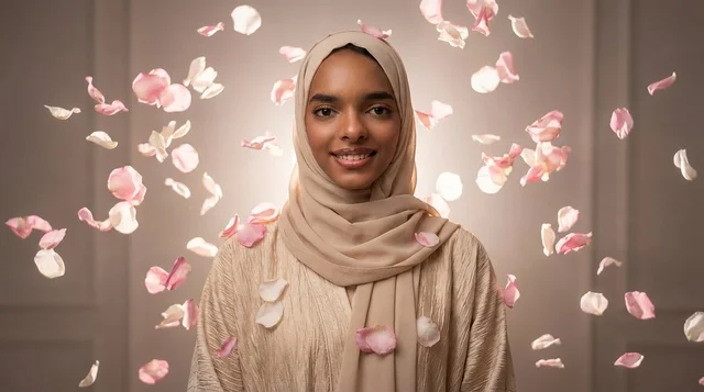 Saudi Woman in Hijab with Falling Rose Petals