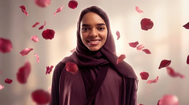 Saudi Woman in Maroon Abaya with Falling Rose Petals