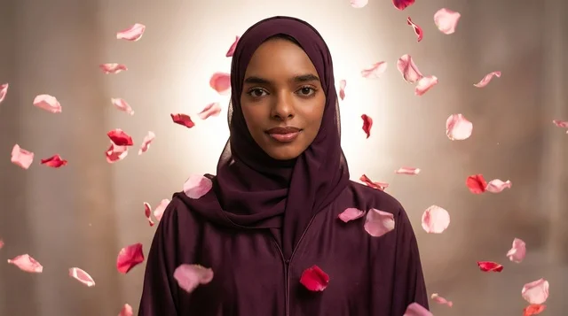 Saudi Woman in Purple Abaya with Falling Rose Petals