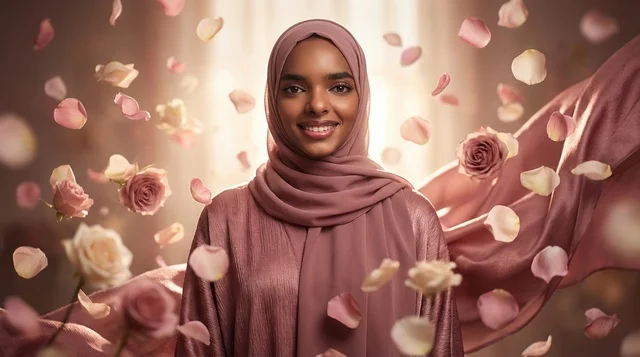 Smiling Sudanese Woman in Pink Hijab with Falling Roses