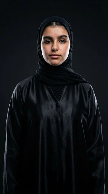 Saudi Woman in Black Abaya and Hijab Studio Portrait