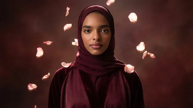 Muslim Woman in Maroon Hijab with Falling Flower Petals