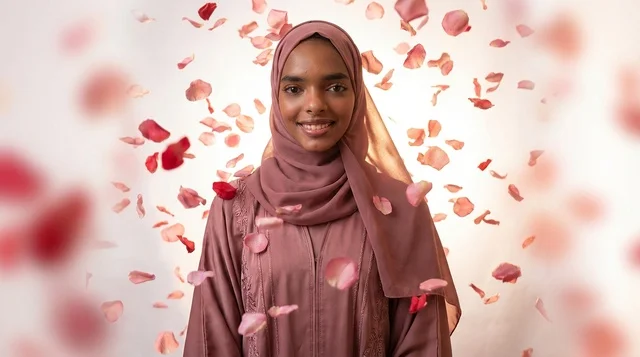 امرأة سودانية بزي محتشم مع بتلات زهور متساقطة
