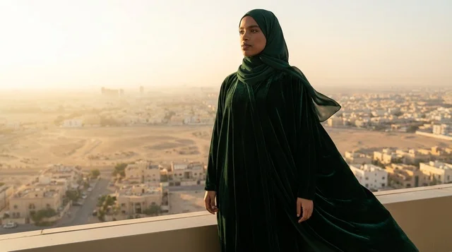 امرأة إماراتية بعباءة خضراء على السطح وقت الغروب