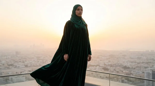 امرأة إماراتية بعباءة خضراء على السطح وقت الغروب