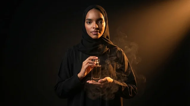 Saudi Woman Holding Luxury Perfume Bottle with Incense