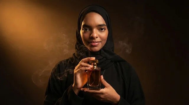 امرأة سعودية تمسك زجاجة عطر فاخرة بإضاءة ذهبية