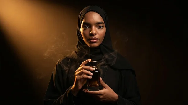 Saudi Woman Wearing Hijab Holding Perfume Bottle